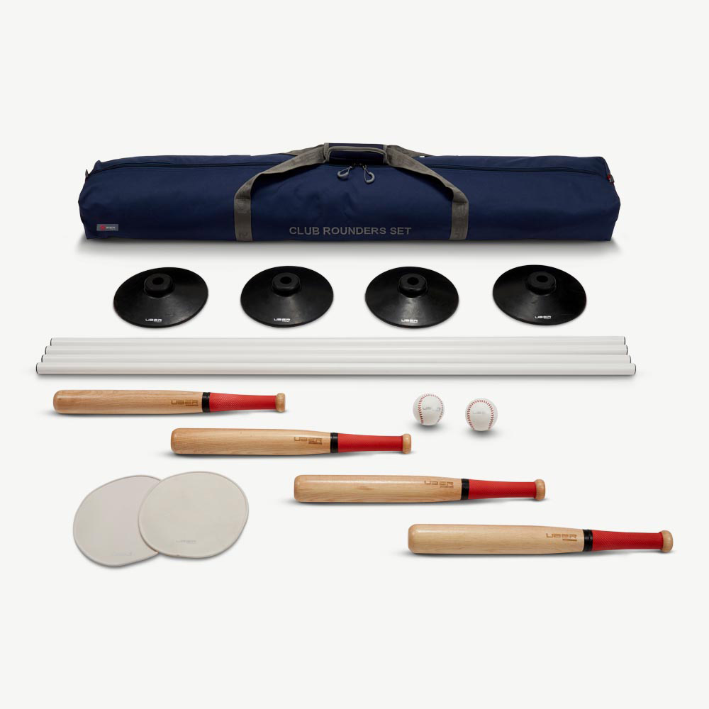 New Club Rounders Set Includes Quality Wooden Bat Leather Rounders Balls & Bases 