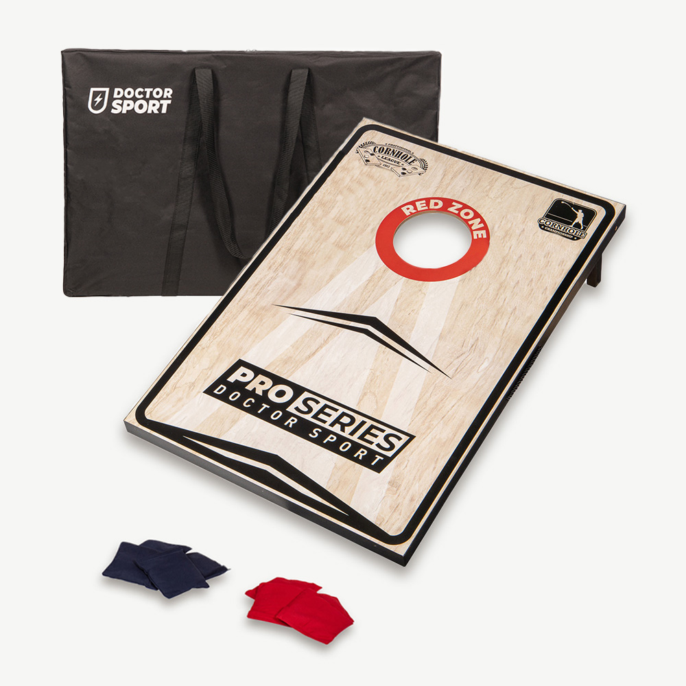 Awaiting stock due back in late June . Any orders placed will be held and dispatched as soon as possible.

The Dr Sport - Cornhole Pro Set - 120 x 60cm (2 x 4 Foot) - features a regulation-sized cornhole board crafted from solid pine wood. The board is meticulously designed with a red zone to clearly mark the target, providing a professional touch to your cornhole games. Perfect for beginners or intermediate players.

DESIGN - Regulation sized 120 x 60cm (2 x 4 Foot) Cornhole Board constructed from solid pine wood with a red zone to clearly mark the target. The Board has a lacquered finish to help reduce scratching and weathering. The Cornhole Board comes with a handy carry cord and canvas carry bag. This board set is great for beginners and intermediate players looking to play with a professional-size board.

REGULATION SIZED BOARD - Board size of 120 x 60cm (2 x 4 Foot) with Red Zone target hole. Smooth playing surface made from Plywood, weighted no less than 13kg to aid bounce-reduction & board movement. The frame consists of Mitre Cut Corners for added strength and durability. Collapsible legs for sleek storage and quick and easy setup to get the game going.

REGULATION-SIZED BEAN BAGS – 8 x Weather-resistant Bean Bags. Bean Bags are Official Size & Weight at 15cm x 15cm (6 x 6 inch) & 450g (16Oz).

HANDY STORAGE BAG - Zip secure robust Canvas Carry Bag included in the set.